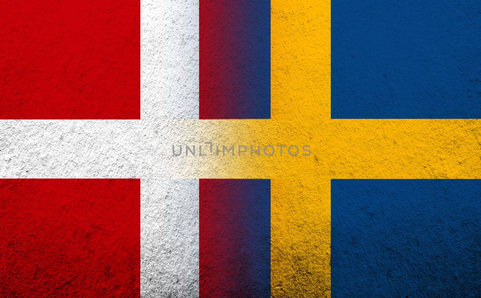 the Kingdom of Denmark National flag with The Kingdom of Sweden national flag. Grunge Background