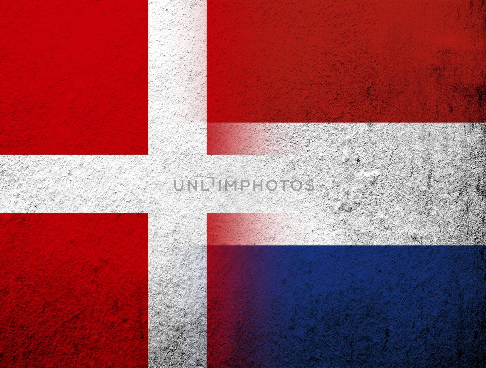 the Kingdom of Denmark National flag with The Kingdom of the Netherlands National flag. Grunge Background