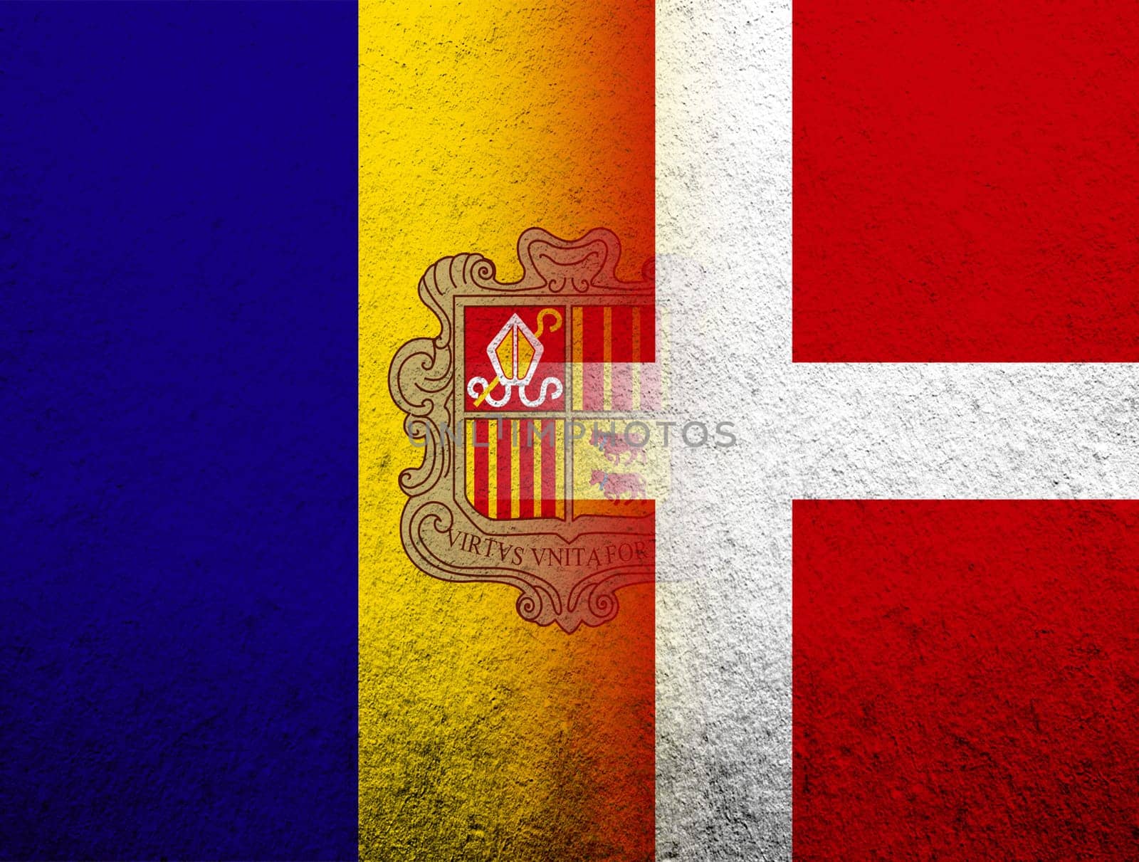 the Kingdom of Denmark National flag with The Principality of the Valley of Andorra national flag. Grunge Background