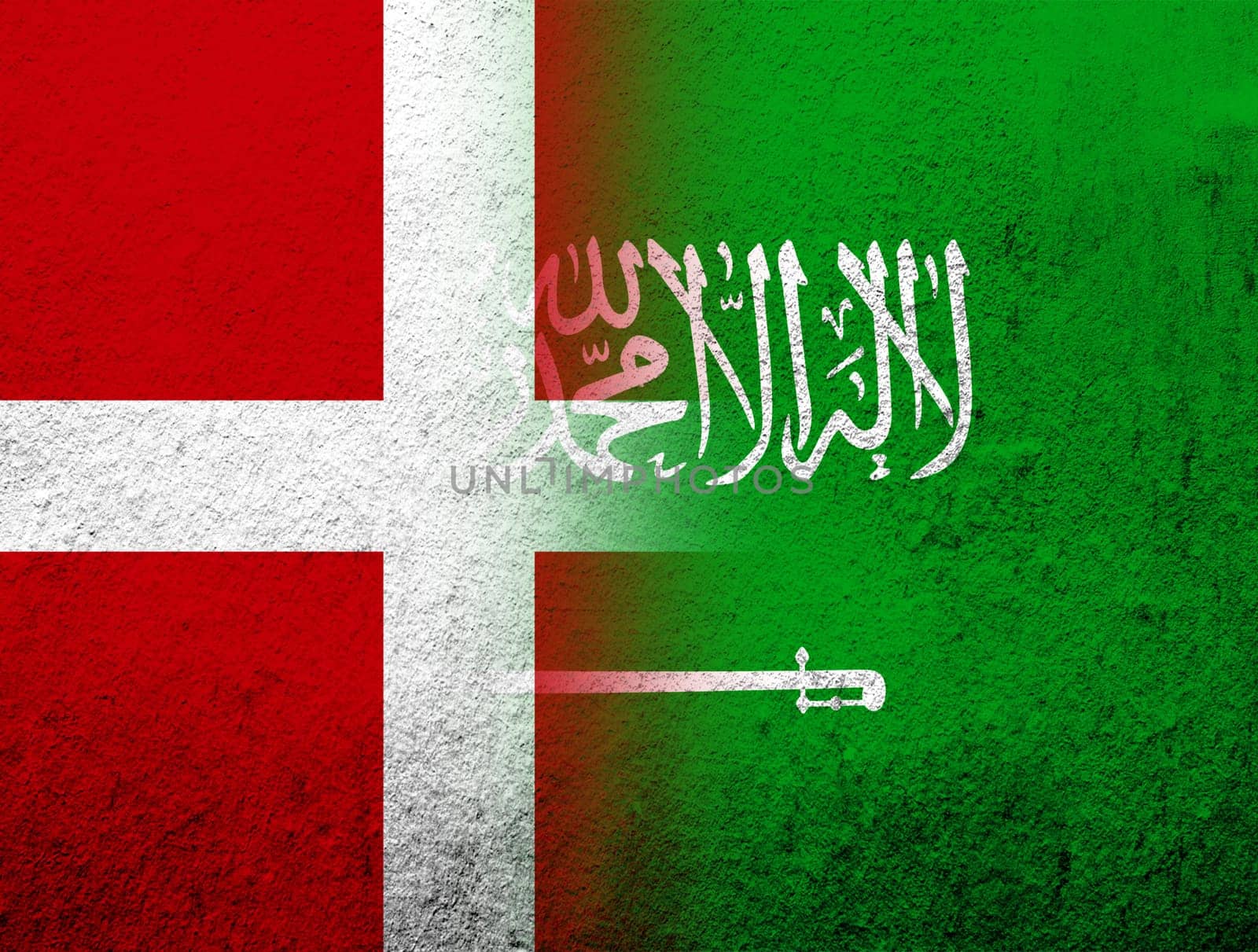 the Kingdom of Denmark National flag with The Kingdom of Saudi Arabia National flag. Grunge Background