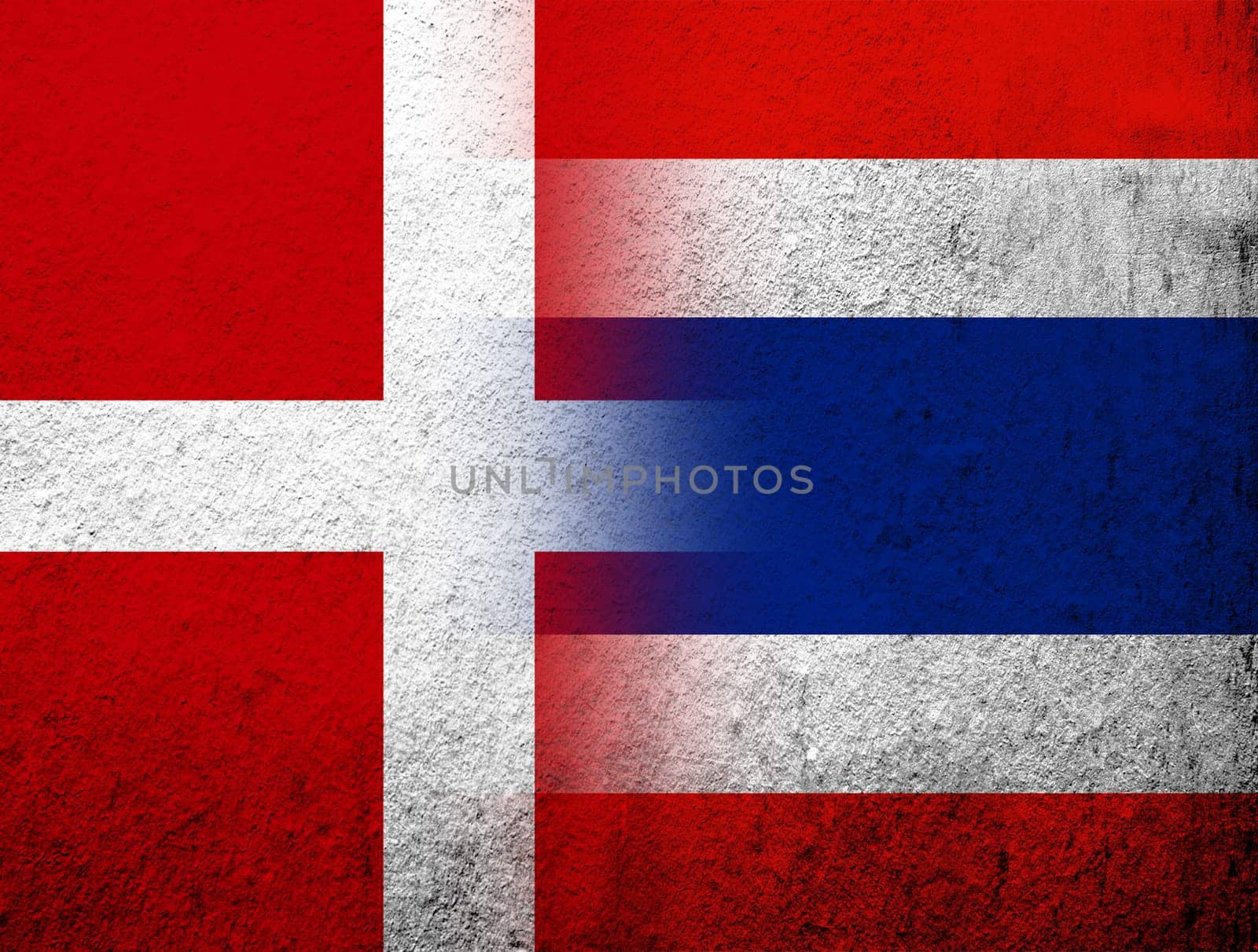 the Kingdom of Denmark National flag with The Kingdom of Thailand National flag. Grunge Background