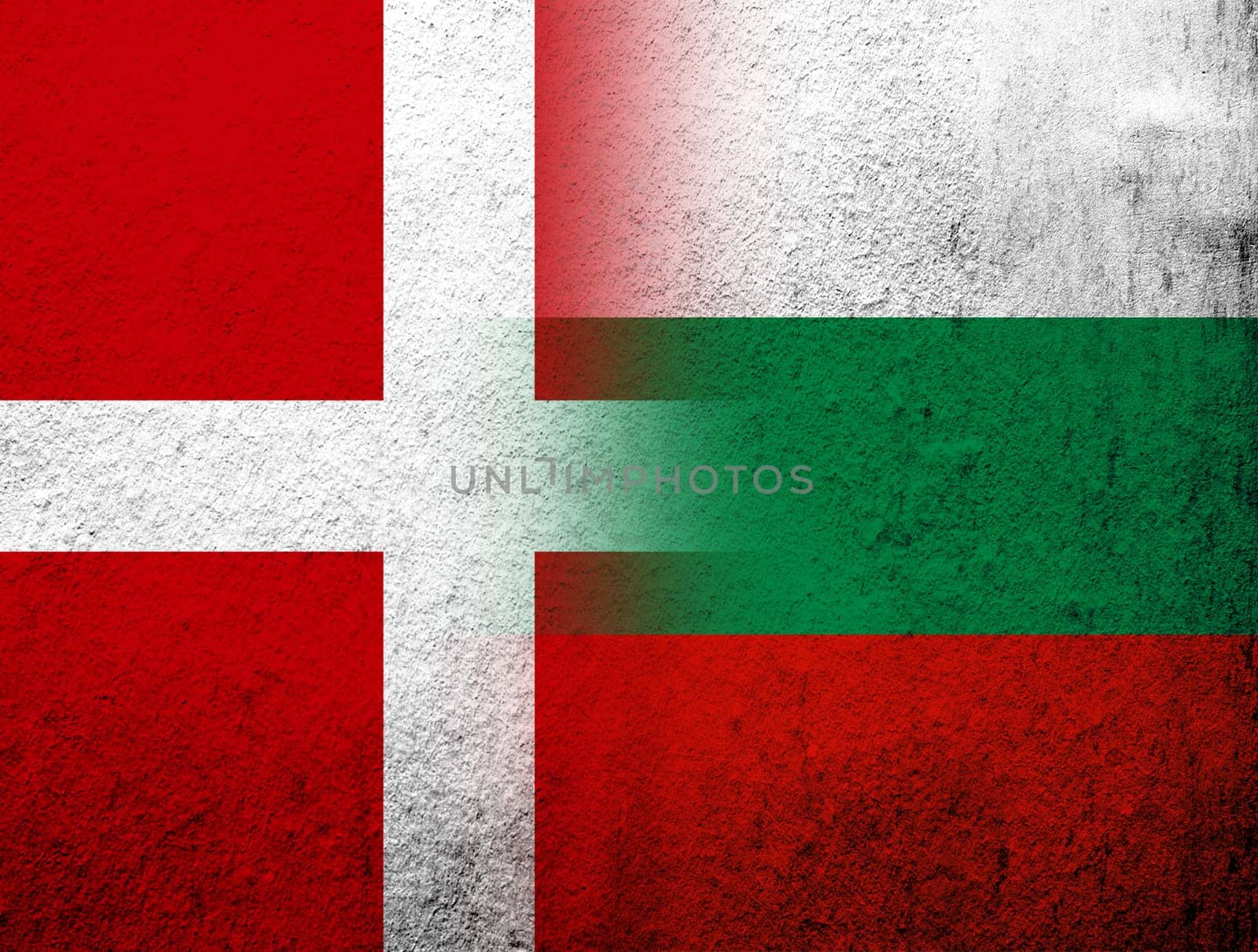 the Kingdom of Denmark National flag with The Republic of Bulgaria National flag. Grunge Background