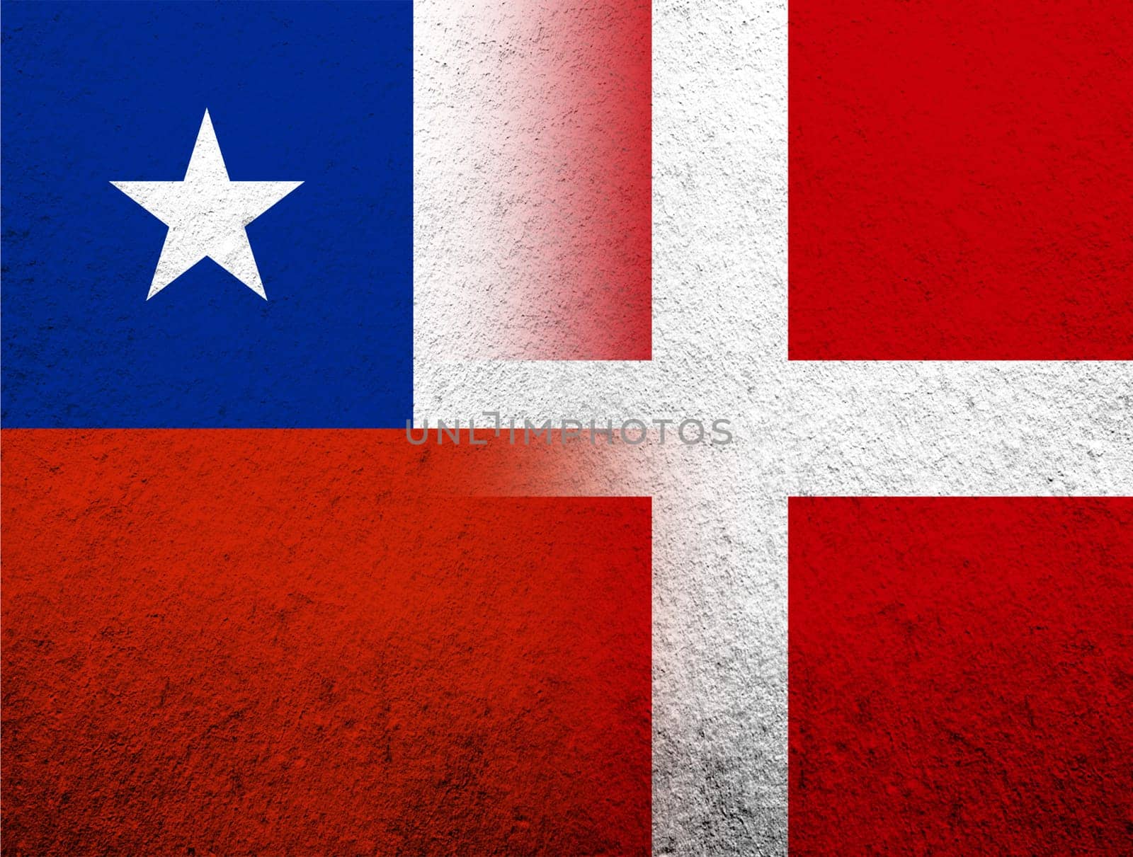 the Kingdom of Denmark National flag with The Republic of Chile National flag. Grunge Background