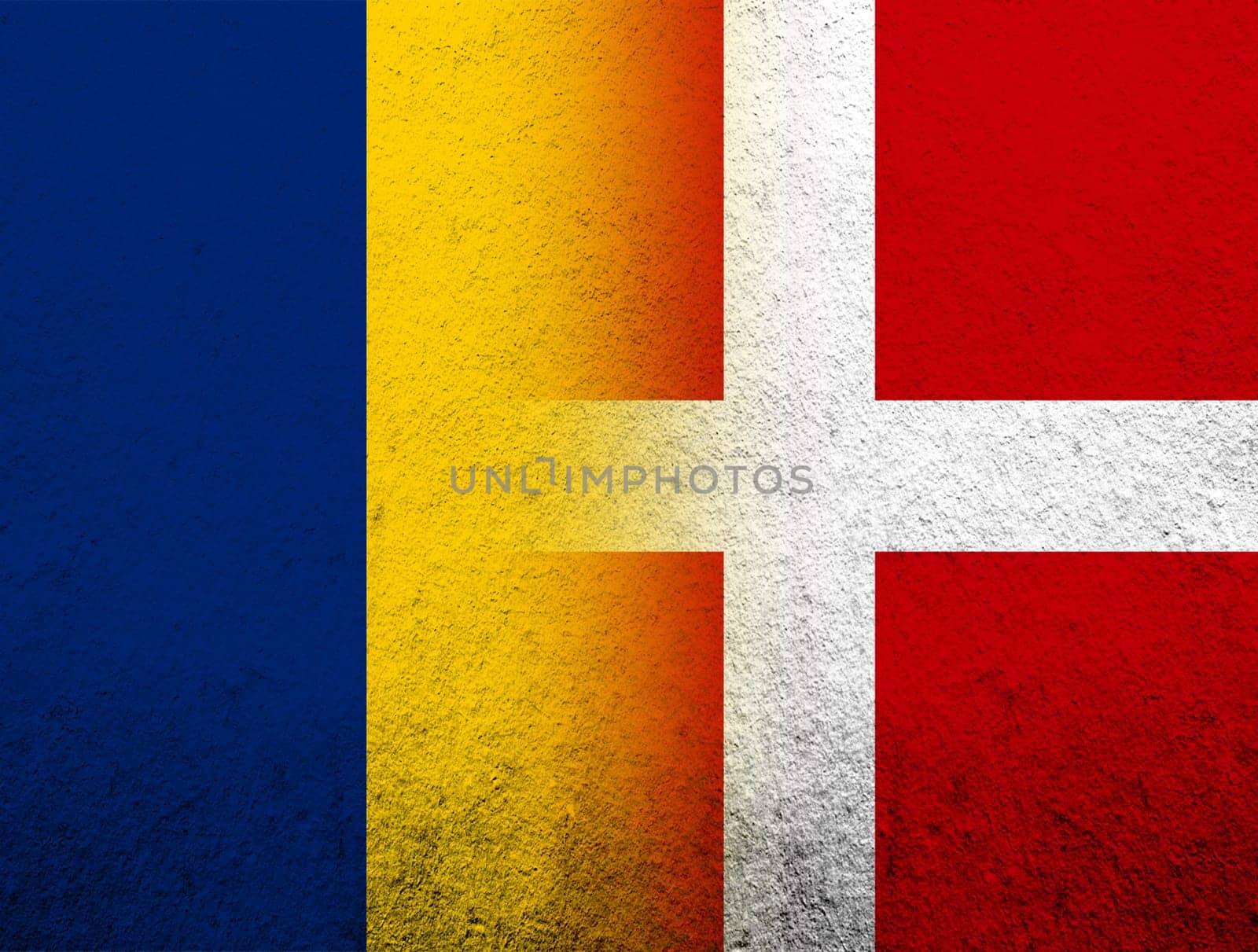 the Kingdom of Denmark National flag with The Republic of Chad National flag. Grunge Background