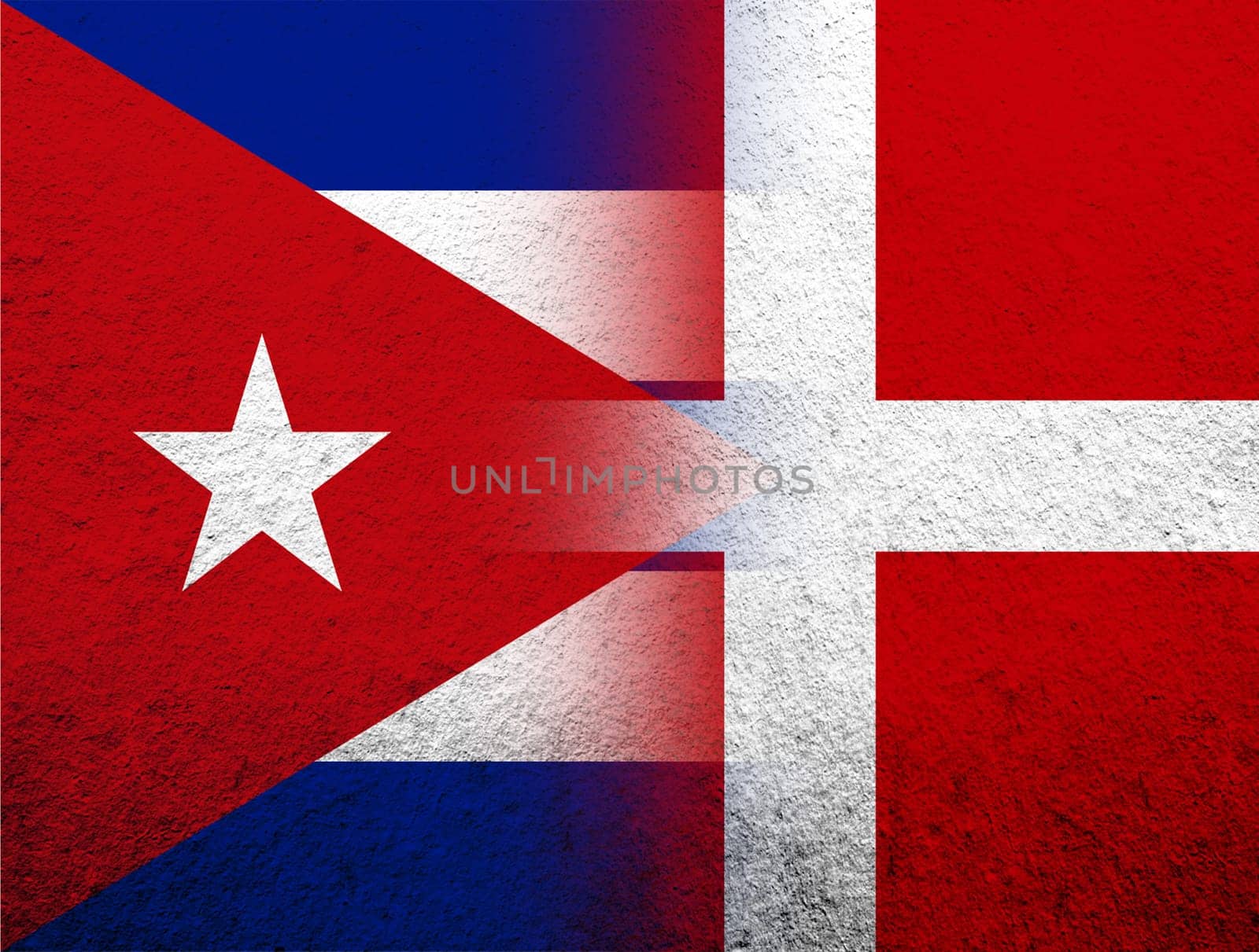 the Kingdom of Denmark National flag with The Republic of Cuba National flag. Grunge Background