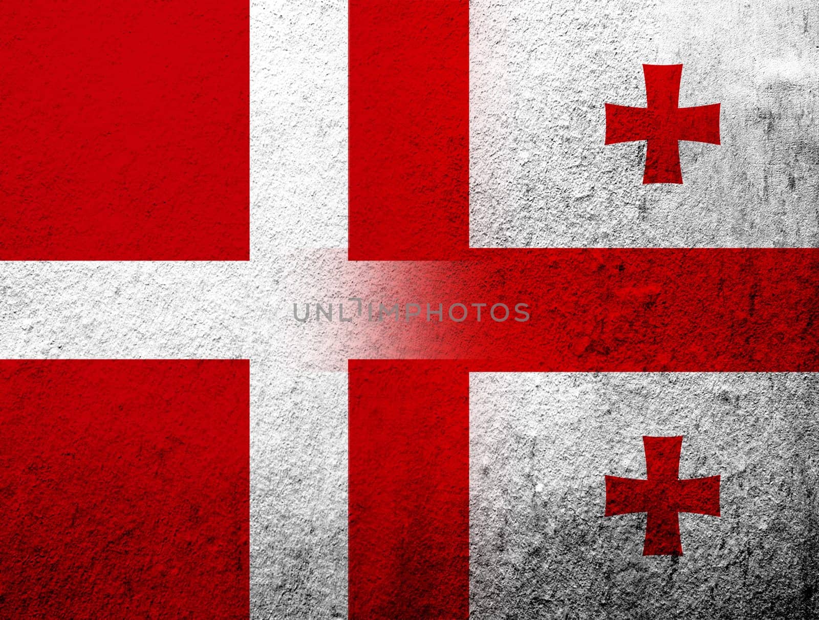 the Kingdom of Denmark National flag with  flag of the country of Georgia. Grunge Background