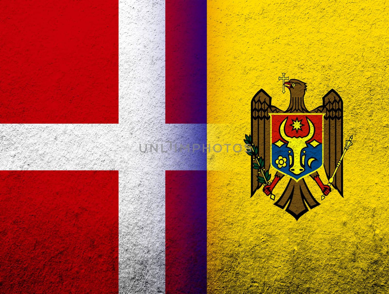 the Kingdom of Denmark National flag with he Republic of Moldova National flag. Grunge Background