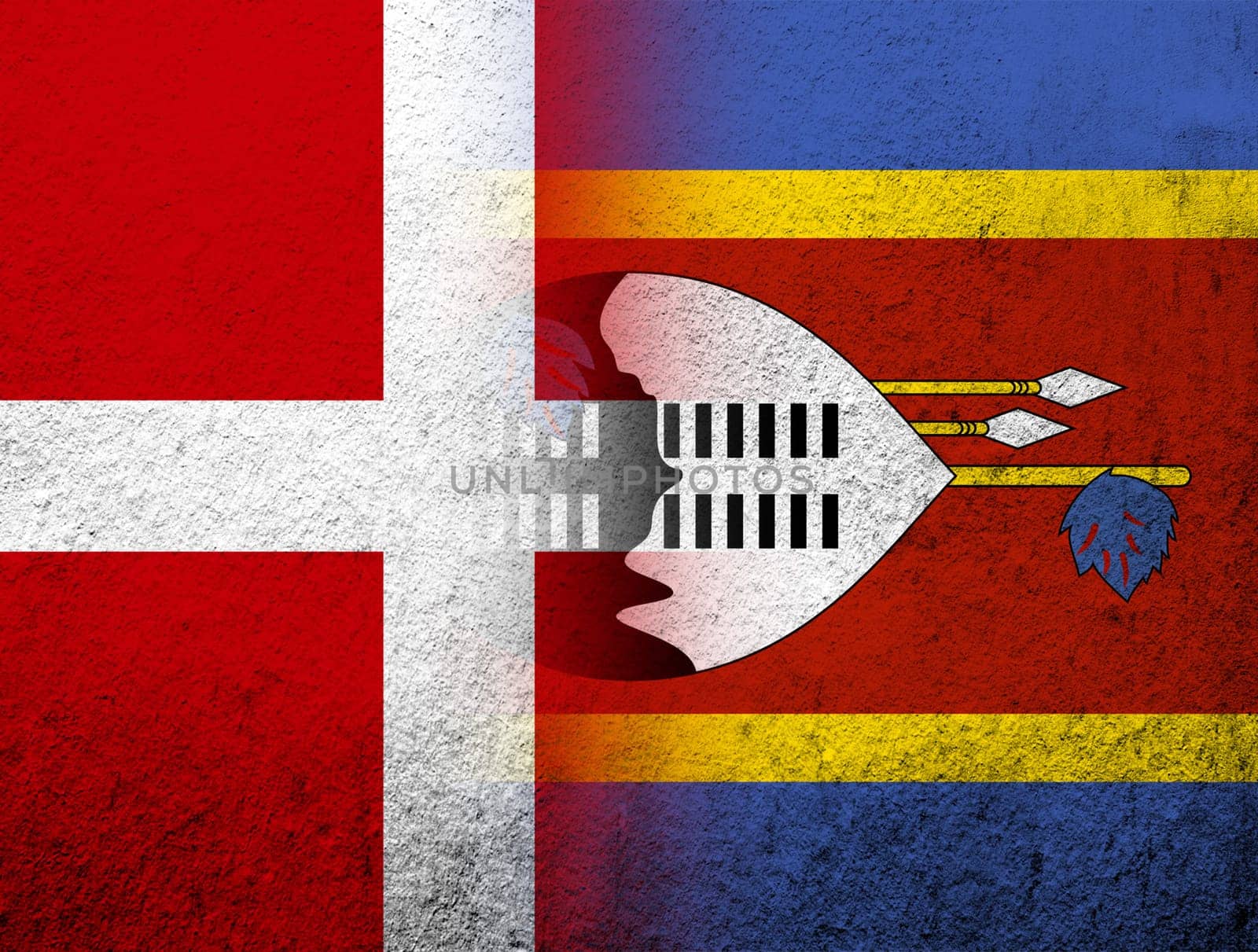 the Kingdom of Denmark National flag with The Kingdom of Eswatini Swaziland National flag. Grunge Background
