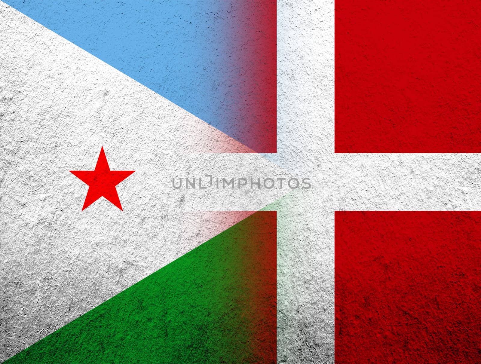 the Kingdom of Denmark National flag with the Republic of Djibouti National flag. Grunge Background
