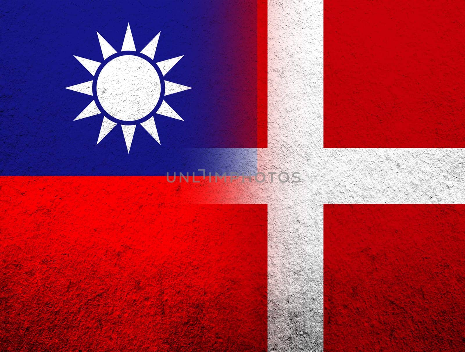the Kingdom of Denmark National flag with Taiwan National flag. Grunge Background