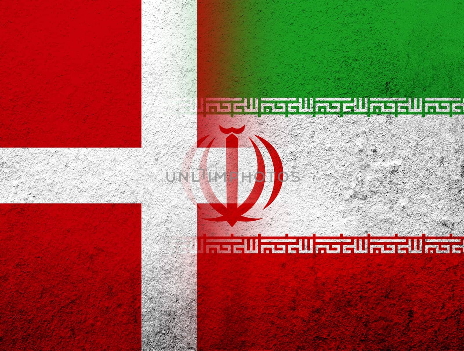 the Kingdom of Denmark National flag with The Islamic Republic of Iran National flag. Grunge Background