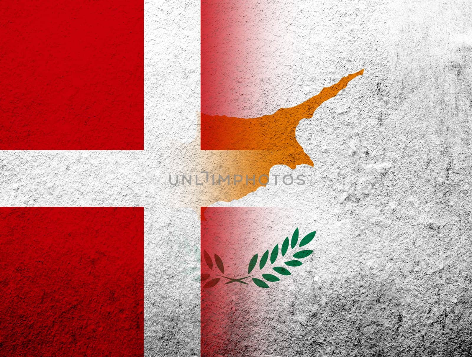 the Kingdom of Denmark National flag with the Republic of Cyprus National flag. Grunge Background