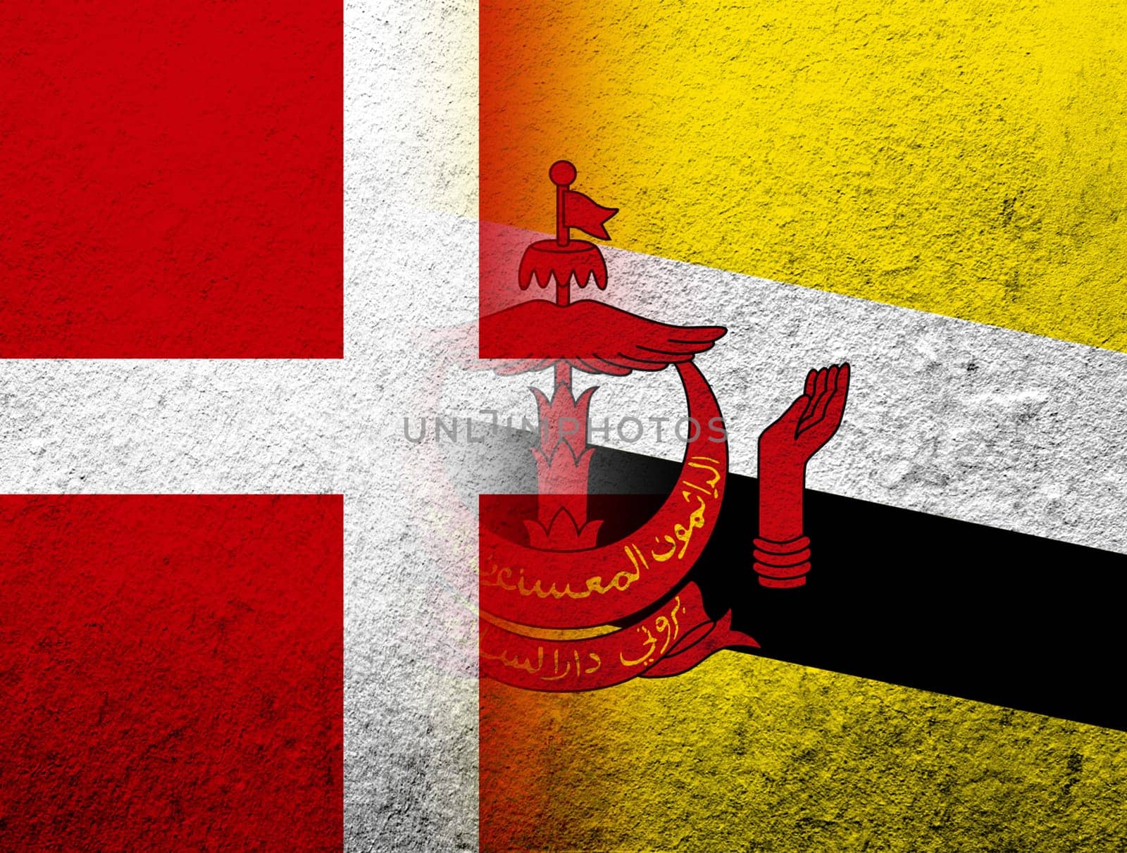 the Kingdom of Denmark National flag with the Nation of Brunei, the Abode of Peace National flag. Grunge Background