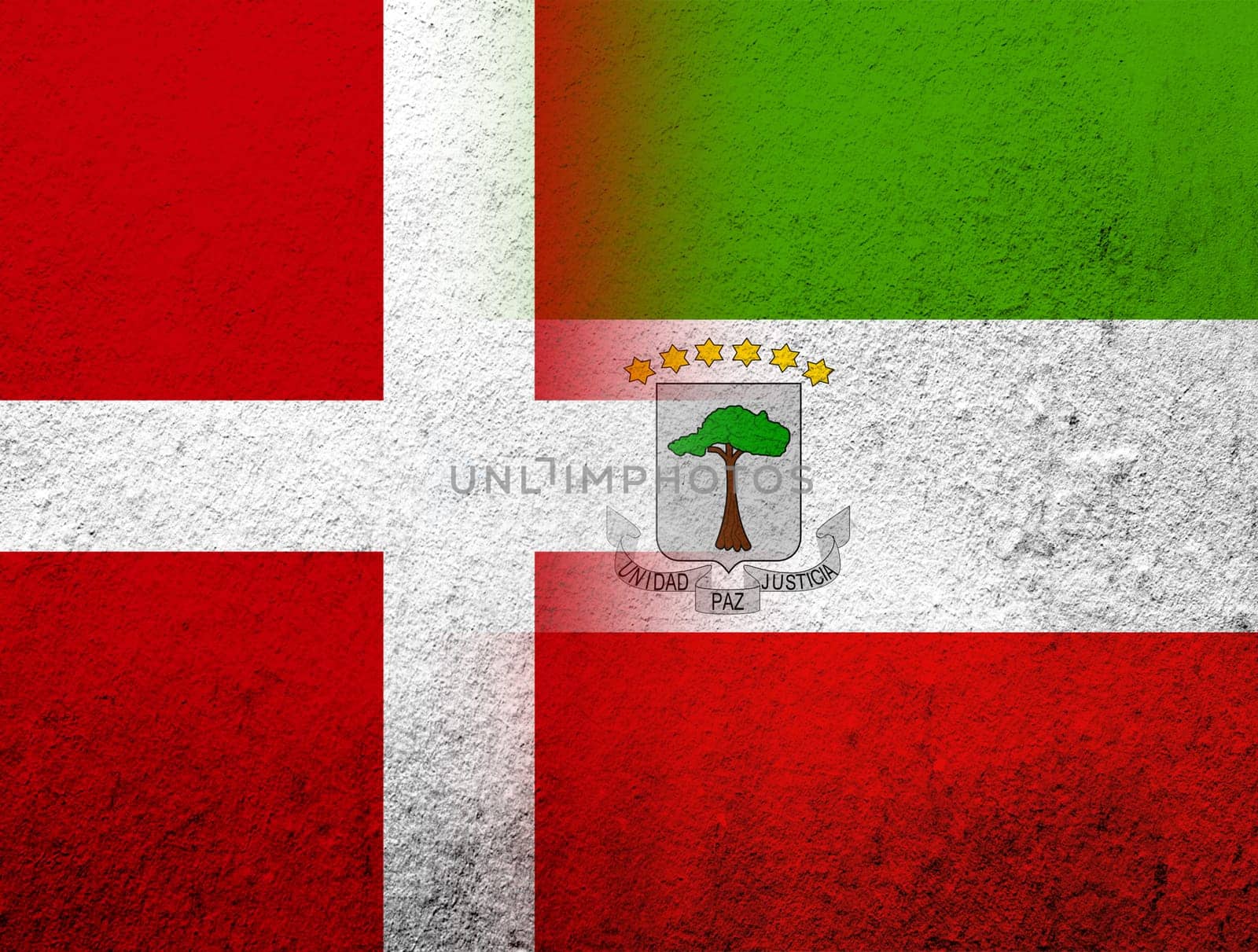 the Kingdom of Denmark National flag with The Republic of Equatorial Guinea National flag. Grunge Background