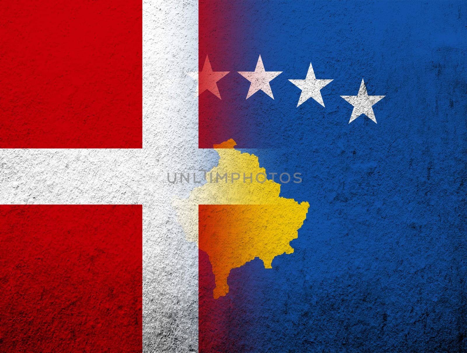 the Kingdom of Denmark National flag with The Republic of Kosovo National flag. Grunge Background