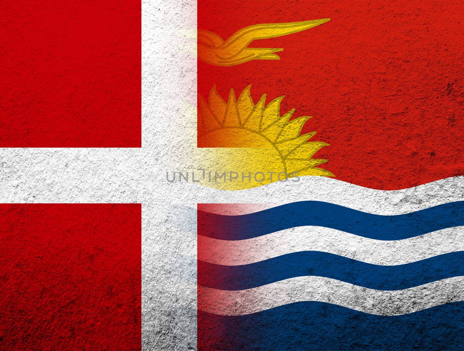 the Kingdom of Denmark National flag with The Republic of Kiribati National flag. Grunge Background