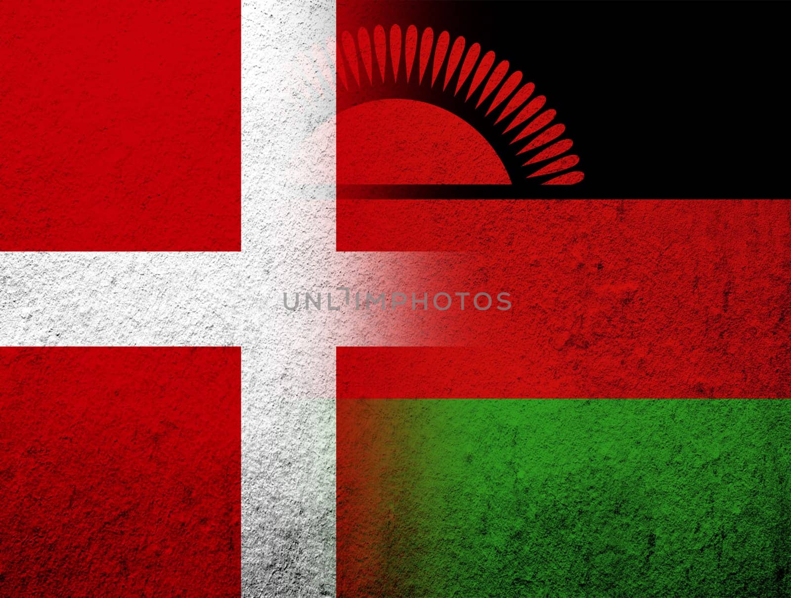 the Kingdom of Denmark National flag with The Republic of Malawi National flag. Grunge Background