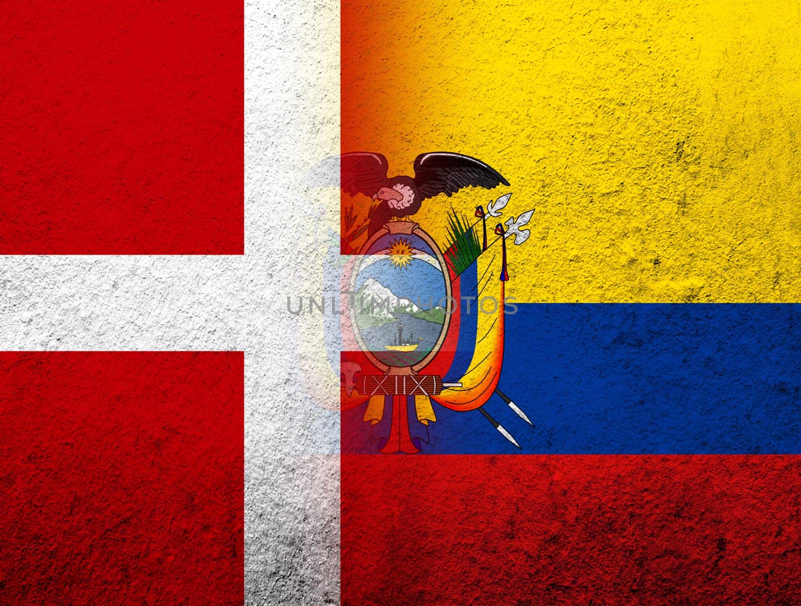 the Kingdom of Denmark National flag with the Republic of Ecuador National flag. Grunge Background