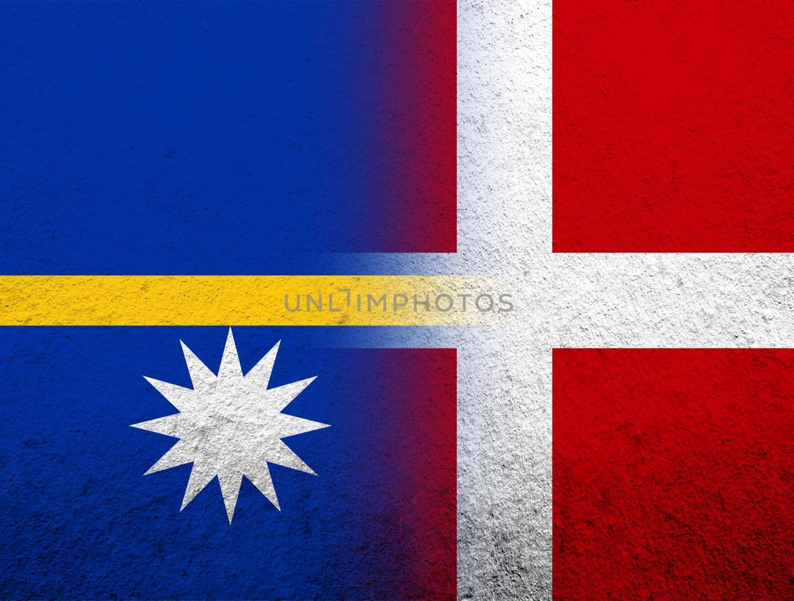 the Kingdom of Denmark National flag with The Republic of Nauru Pleasant Island National flag. Grunge Background