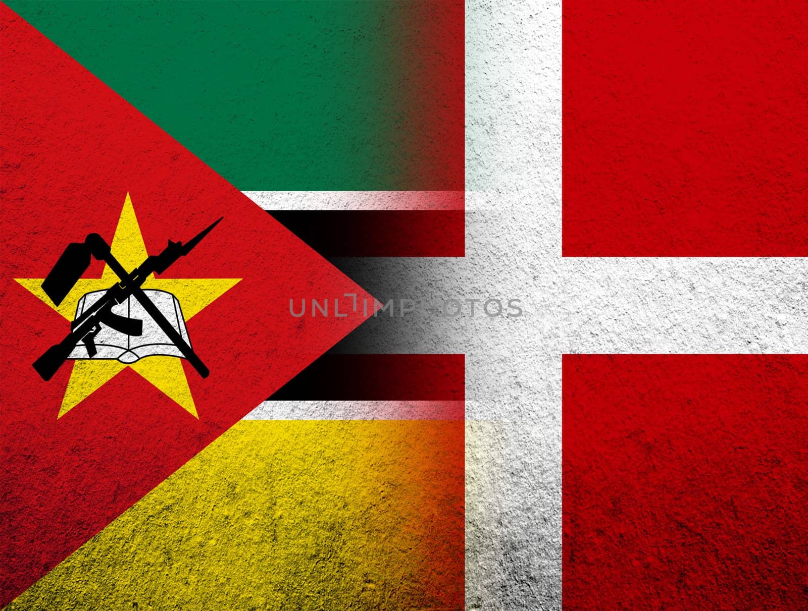 the Kingdom of Denmark National flag with The Republic of Mozambique National flag. Grunge Background