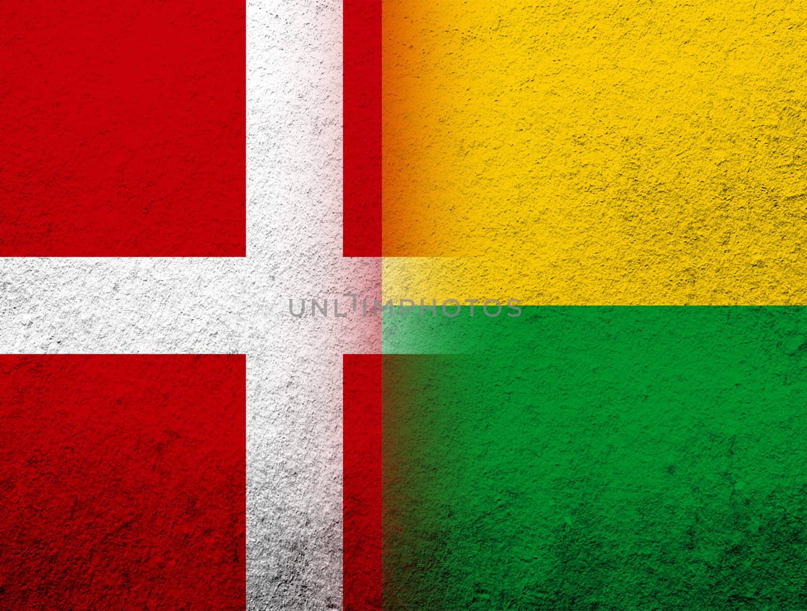 the Kingdom of Denmark National flag with The Republic of Guinea-Bissau National flag. Grunge Background