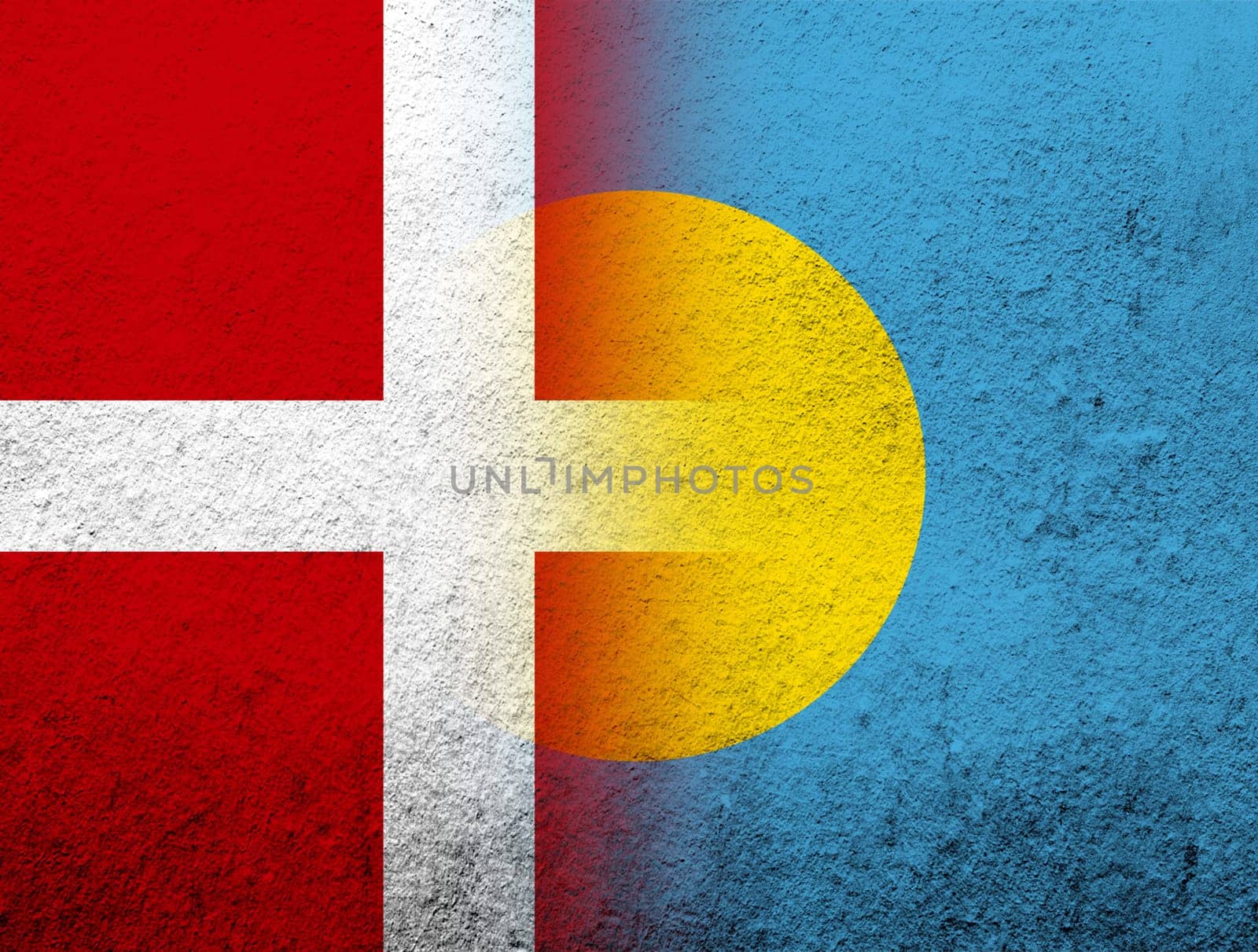 the Kingdom of Denmark National flag with The Republic of Palau National flag. Grunge Background