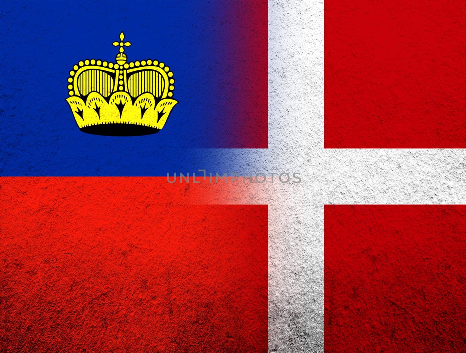 the Kingdom of Denmark National flag with The Principality of Liechtenstein National flag. Grunge Background