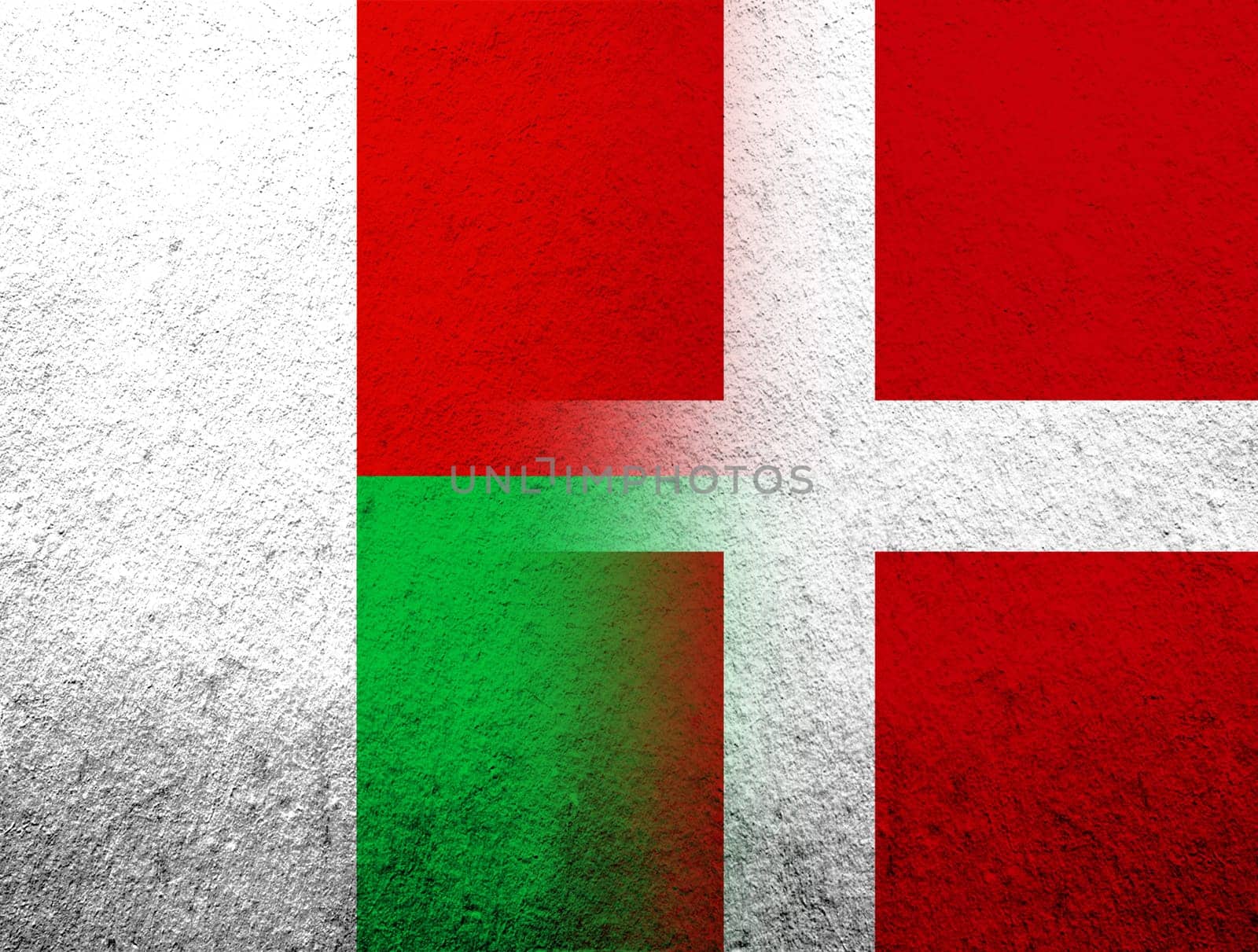 the Kingdom of Denmark National flag with The Republic of Madagascar National flag. Grunge Background