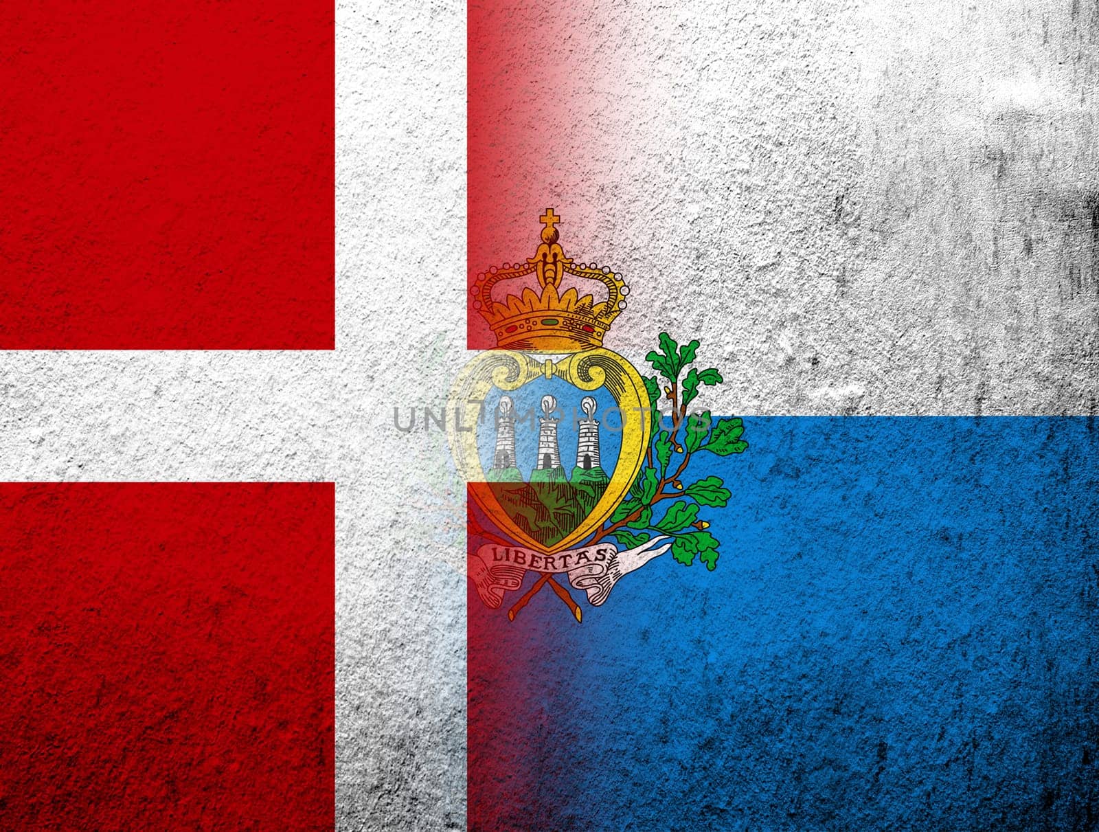 the Kingdom of Denmark National flag with The Republic of San Marino National flag. Grunge Background