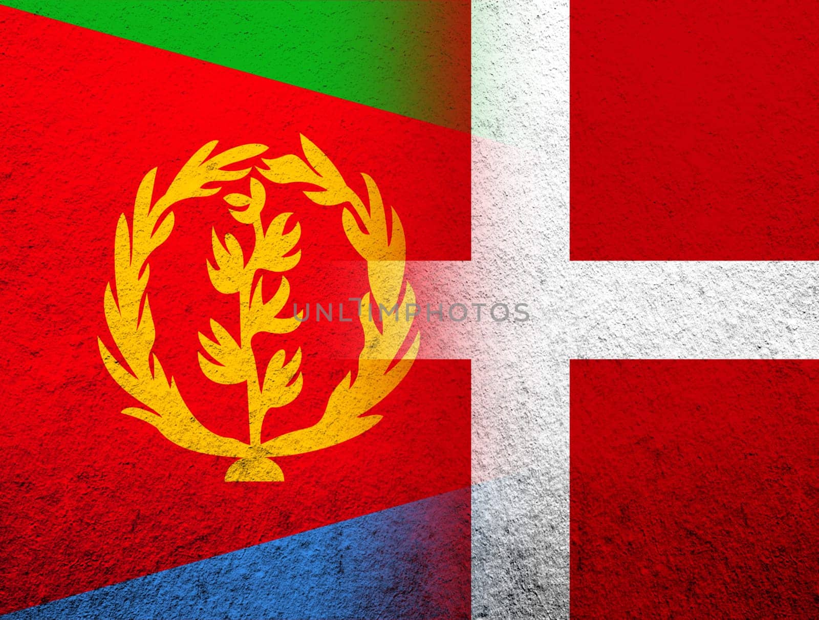 the Kingdom of Denmark National flag with The State of Eritrea national flag. Grunge Background
