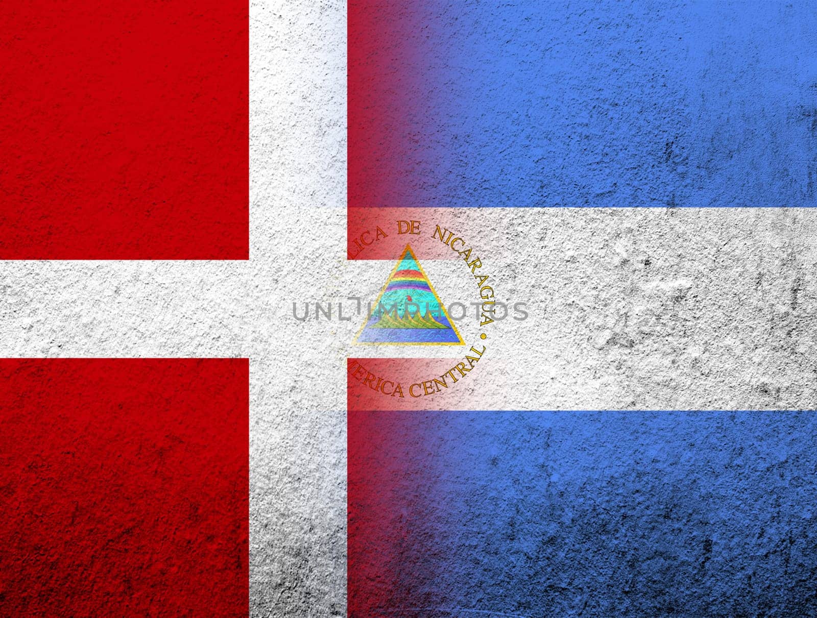 the Kingdom of Denmark National flag with The Republic of Nicaragua National flag. Grunge Background
