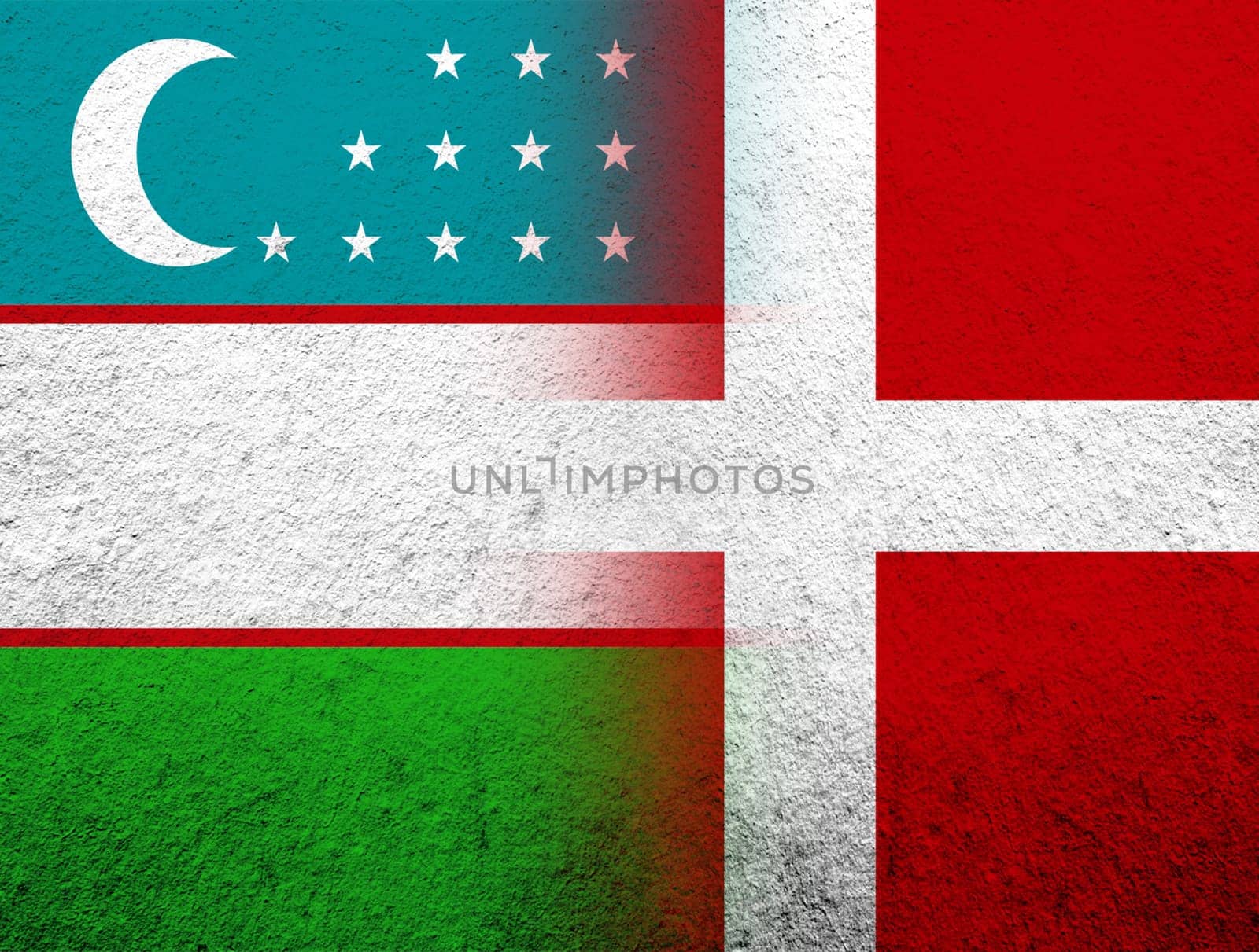 the Kingdom of Denmark National flag with The Republic of Uzbekistan National flag. Grunge Background
