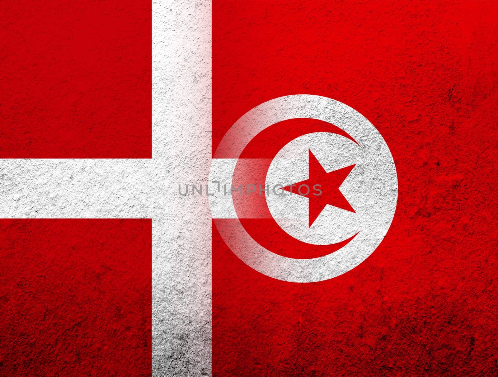 the Kingdom of Denmark National flag with The Republic of Tunisia National flag. Grunge Background