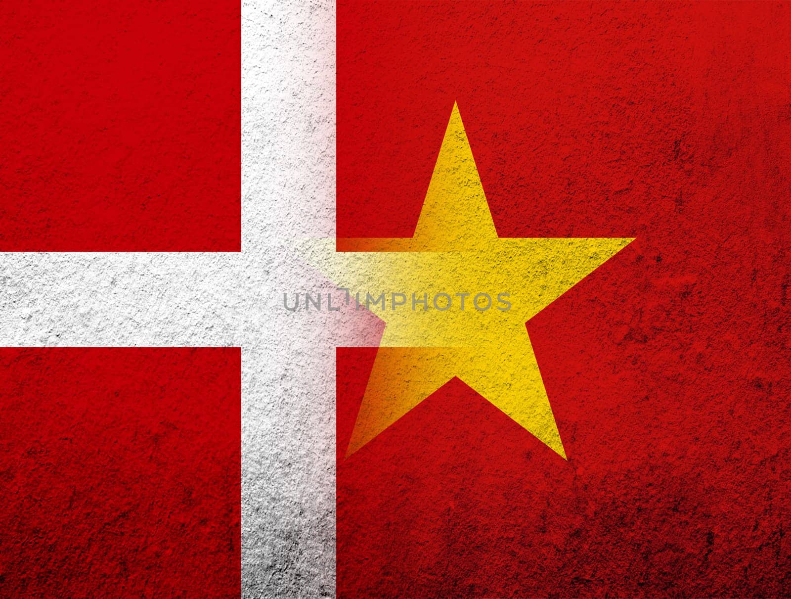 the Kingdom of Denmark National flag with The Socialist Republic of Vietnam National flag. Grunge Background