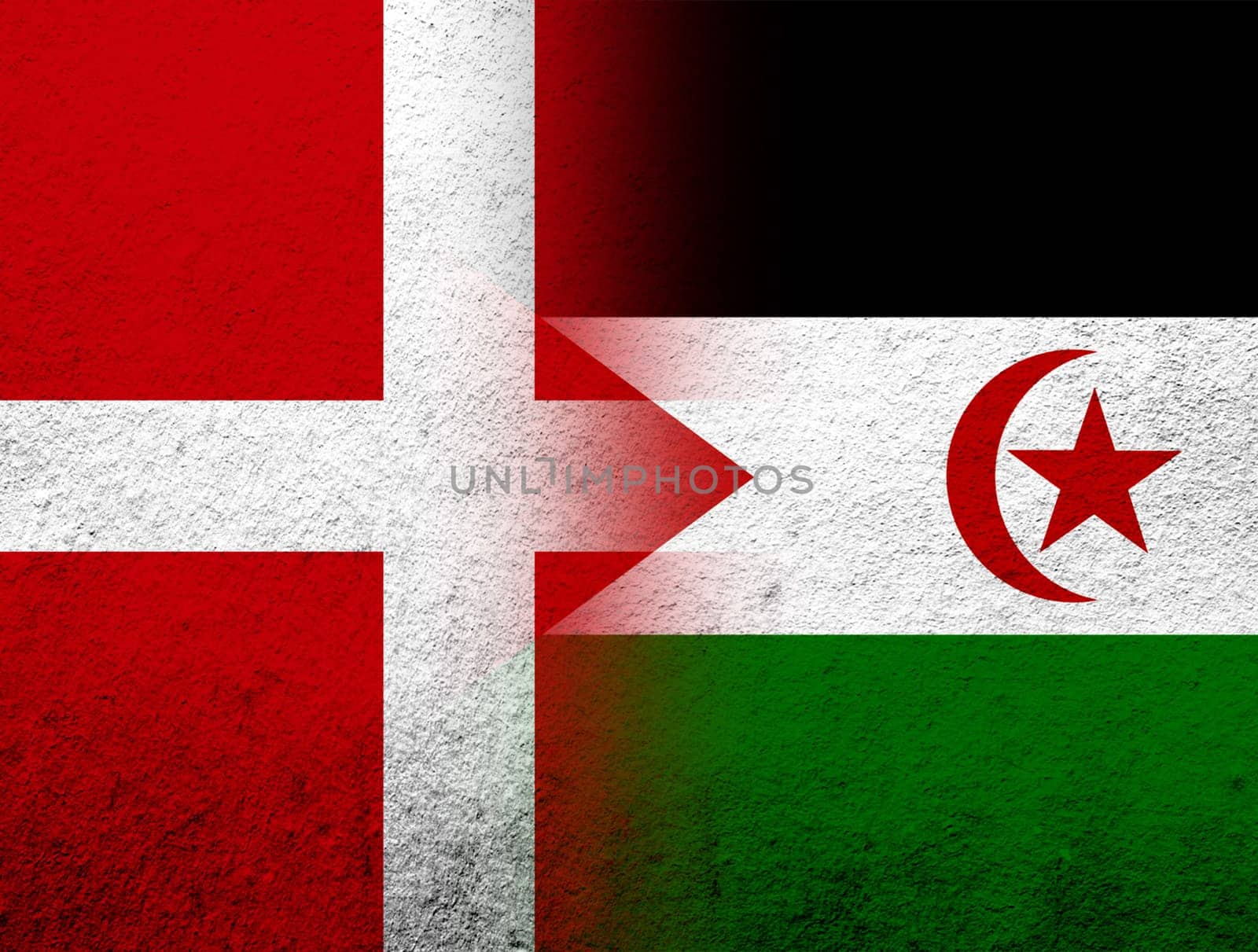 the Kingdom of Denmark National flag with The Sahrawi Arab Democratic Republic Western Sahara national flag. Grunge Background