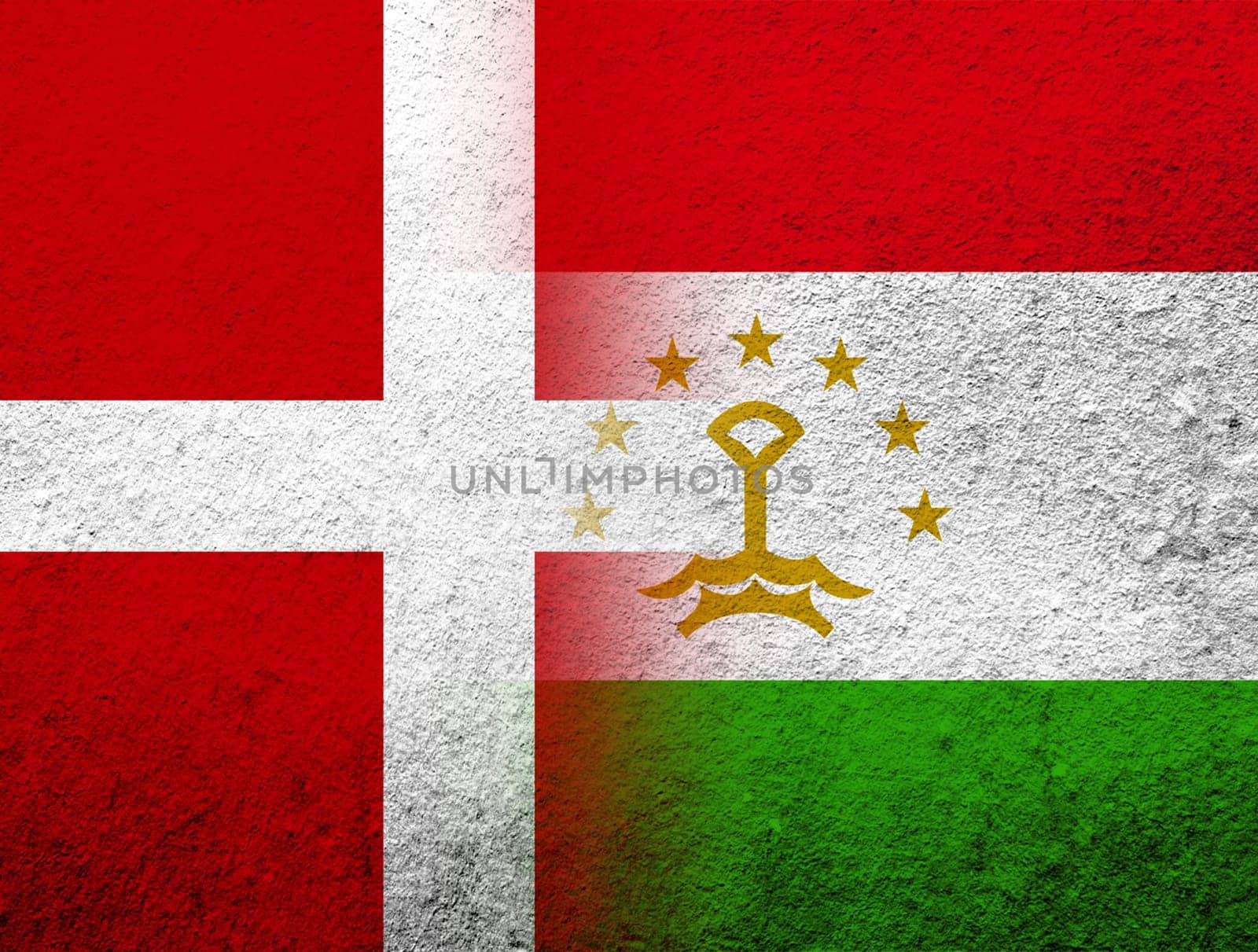the Kingdom of Denmark National flag with The Republic of Tajikistan National flag. Grunge Background