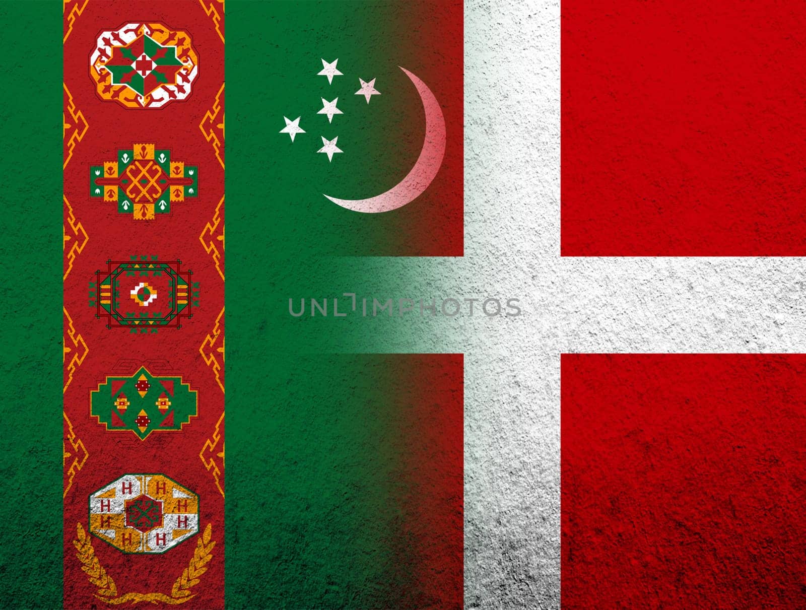 the Kingdom of Denmark National flag with The Republic of Turkmenistan National flag. Grunge Background