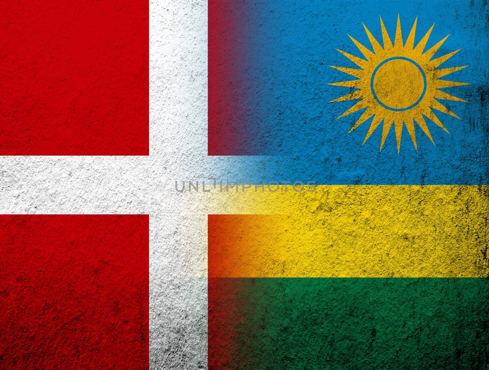 the Kingdom of Denmark National flag with the Republic of Rwanda National flag. Grunge Background