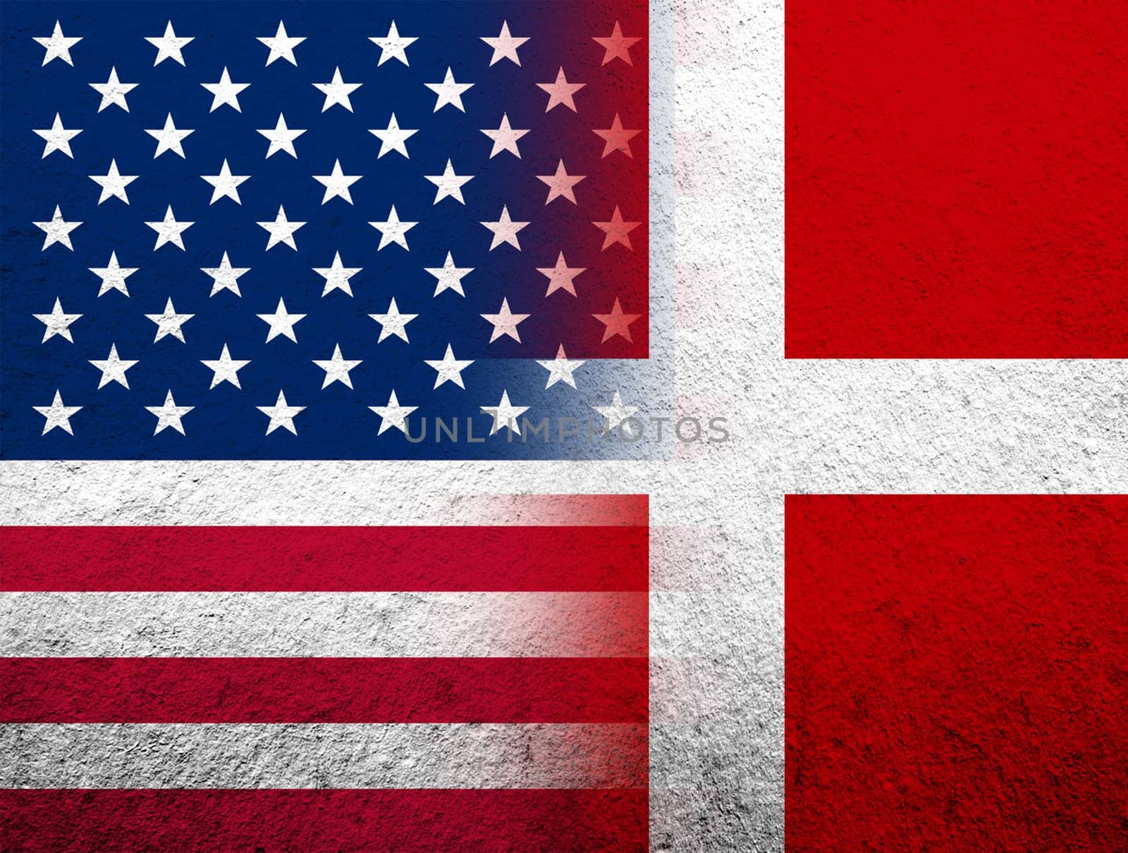 the Kingdom of Denmark National flag with United States of America USA national flag. Grunge Background