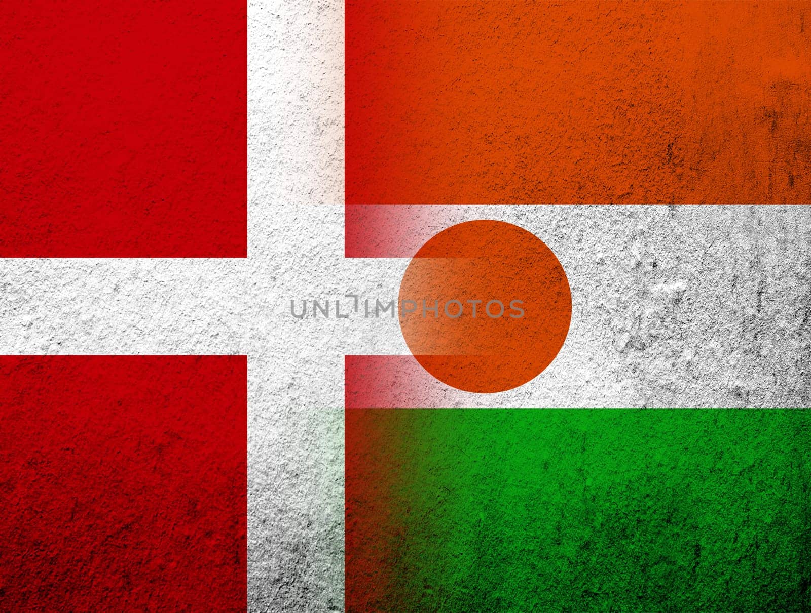 the Kingdom of Denmark National flag with The Republic of the Niger National flag. Grunge Background