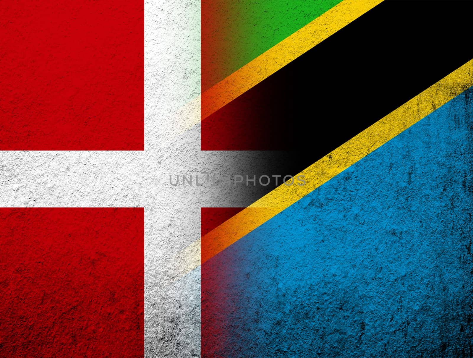 the Kingdom of Denmark National flag with The United Republic of Tanzania National flag. Grunge Background