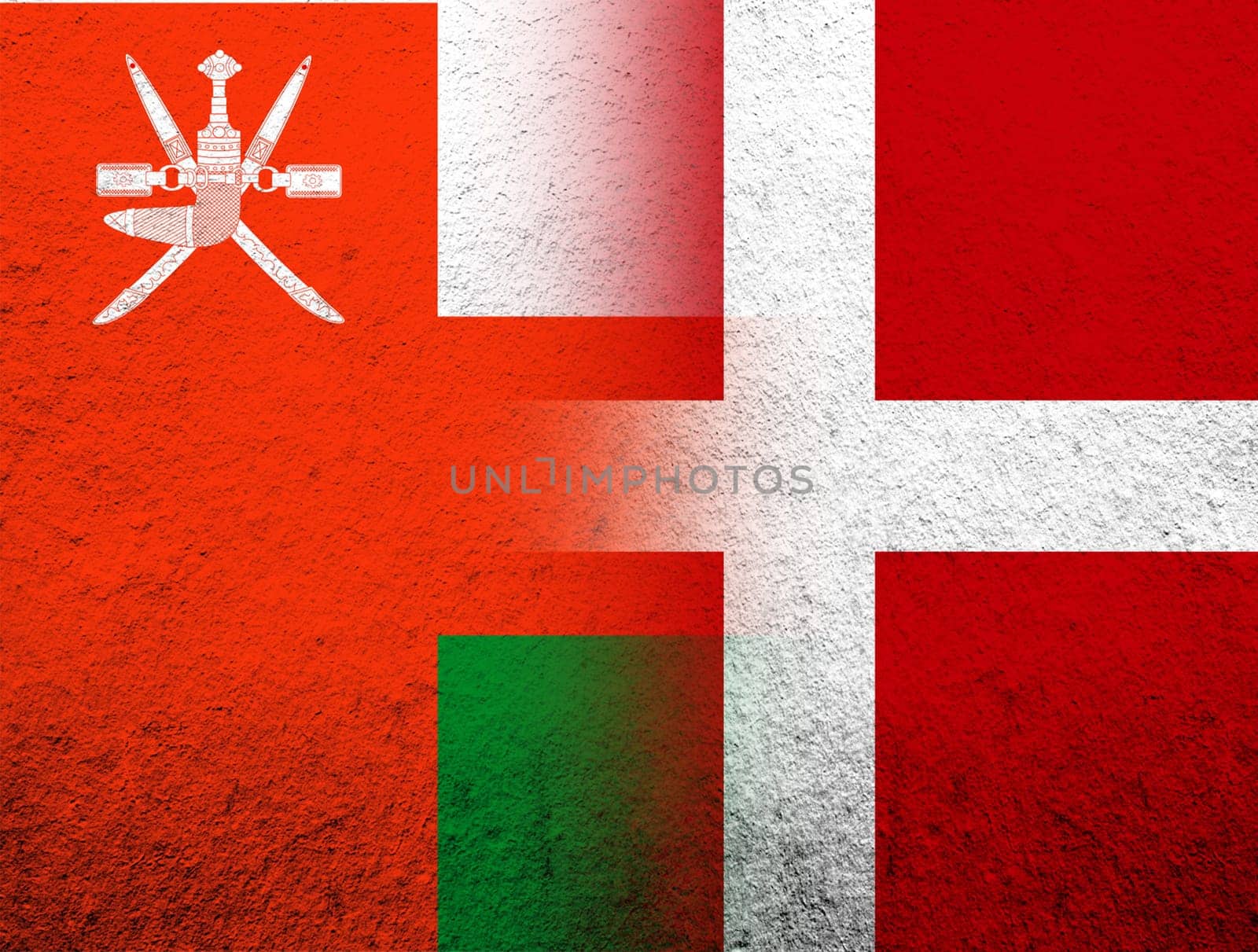 the Kingdom of Denmark National flag with The Sultanate of Oman National flag. Grunge Background