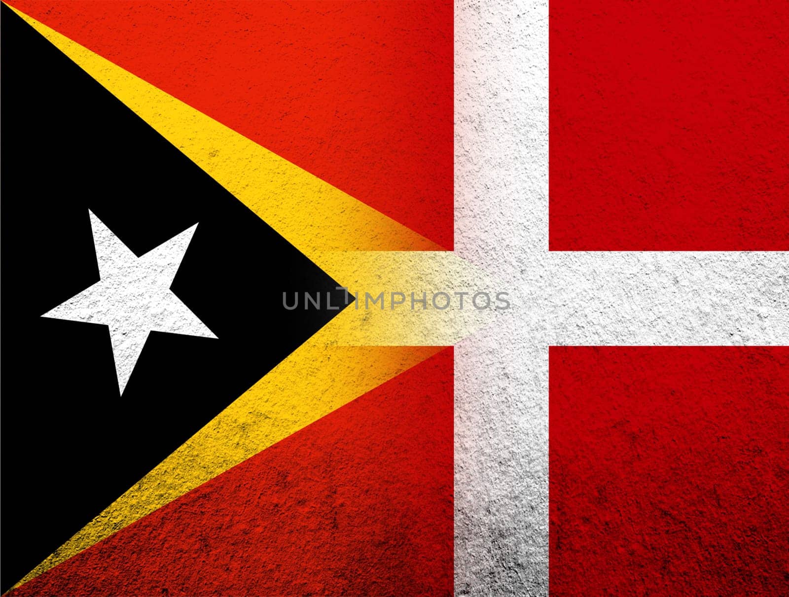 the Kingdom of Denmark National flag with Timor-Leste East Timor National flag. Grunge Background