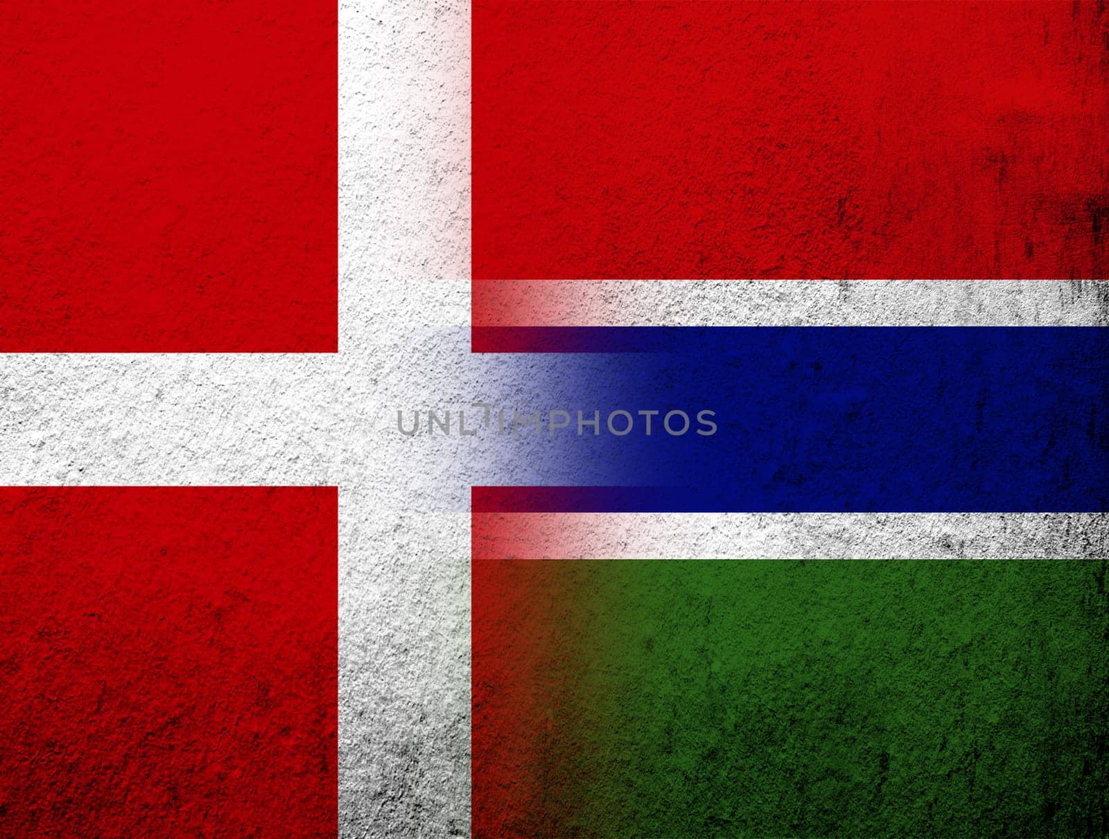 the Kingdom of Denmark National flag with The Republic of The Gambia National flag. Grunge Background