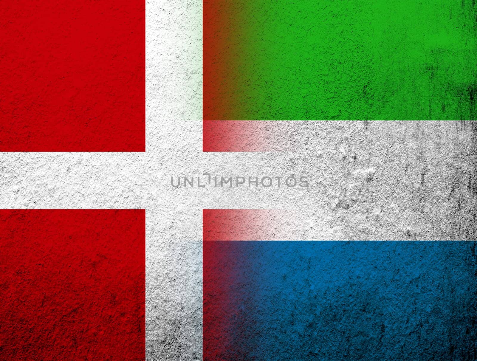 the Kingdom of Denmark National flag with the Republic of Sierra Leone Salone National flag. Grunge Background