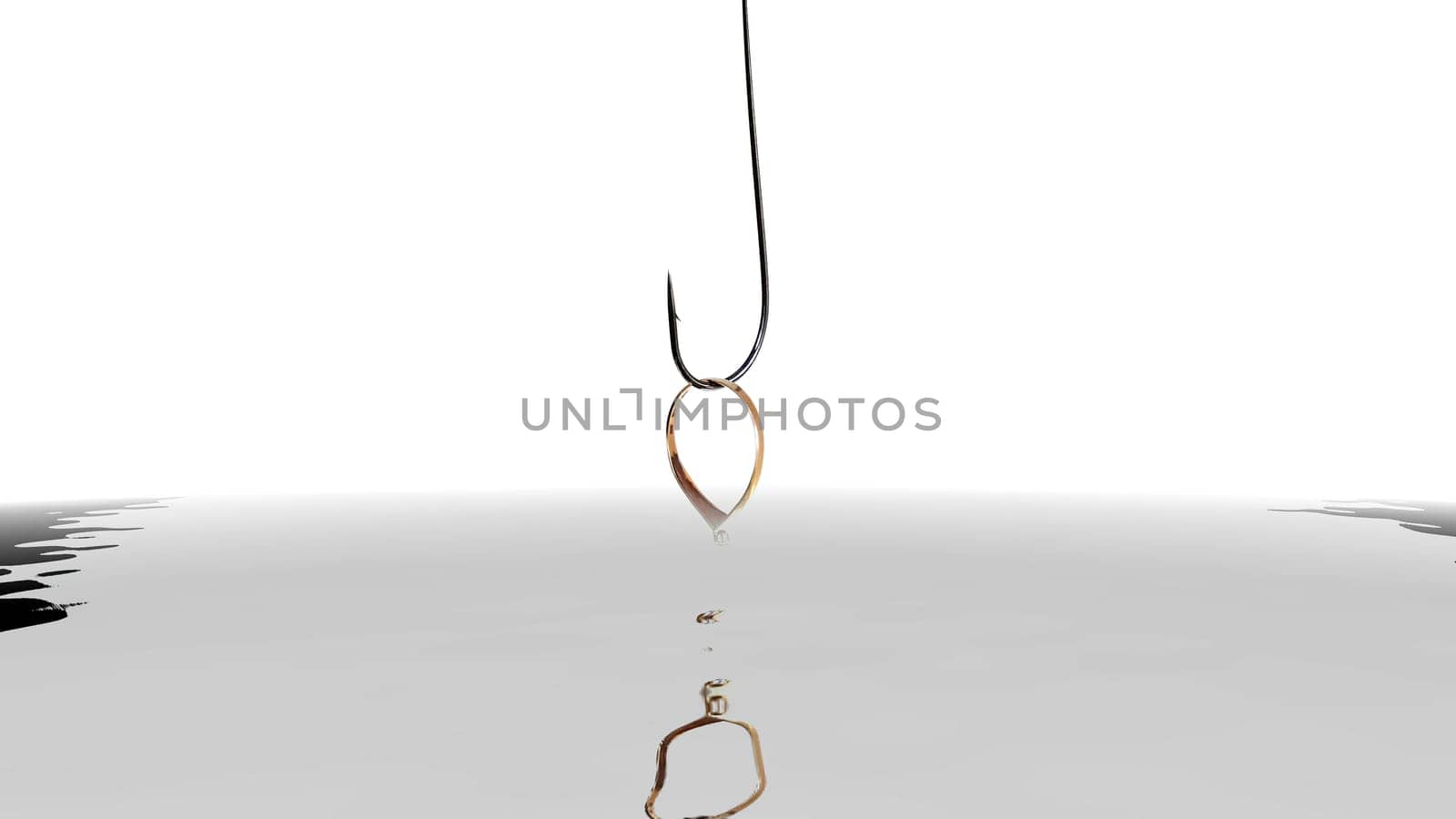 Wedding ring on fishing hook reflecting in water