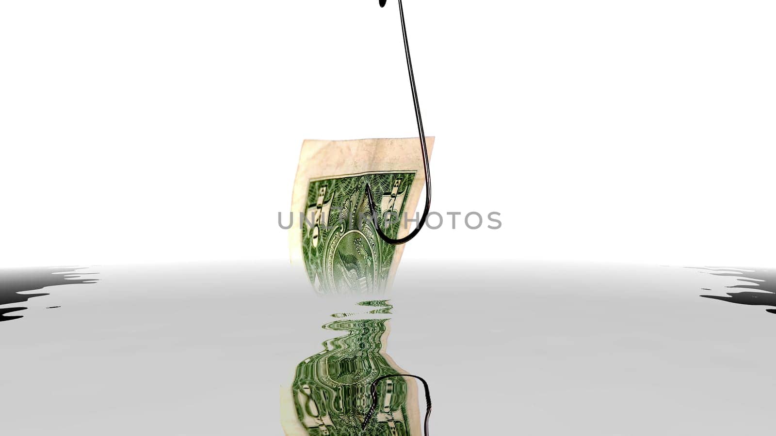 Dollar on fish hook  reflecting in water