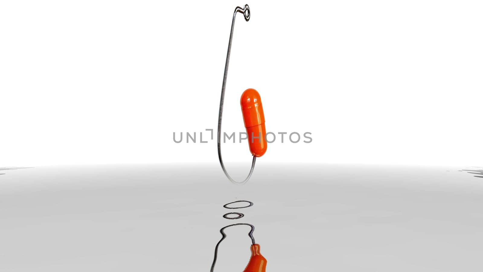Pill on fish hook reflecting in water