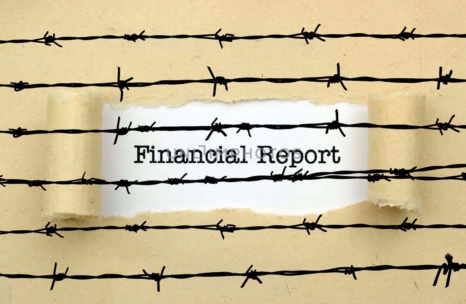 Financial report text against barbwire