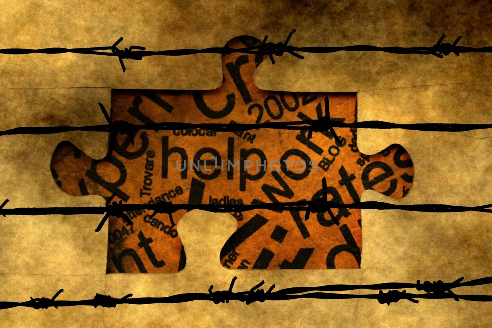 Help puzzle concept against barbwire